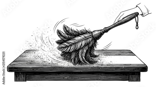 Canvastavla Feather duster sweeping dust off a wooden bench surface in a vintage line art illustration