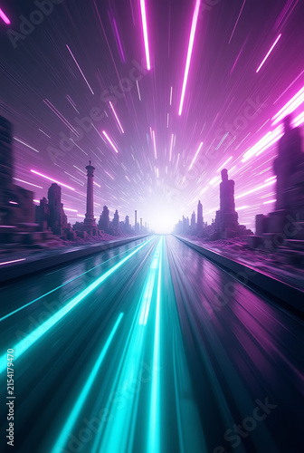 Futuristic city street with speed lines creates a dynamic perspective cityscape urban architecture neon