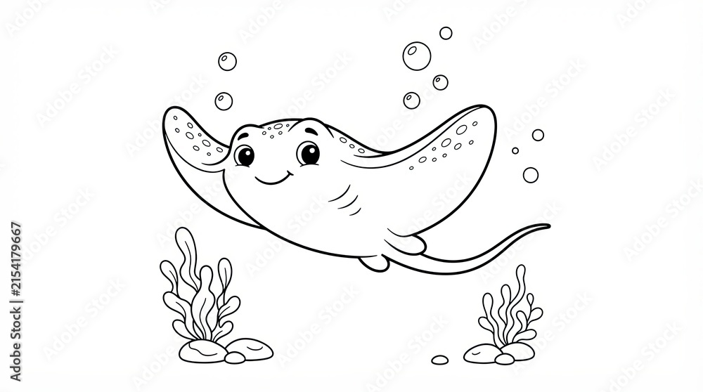 Obraz premium Cute cartoon stingray swimming underwater for kids coloring page