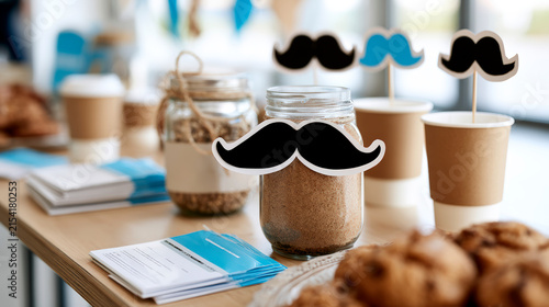 Mustache themed fundraising table supports November men's health awareness and prevention campaign