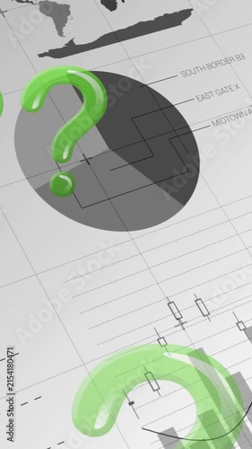 Animation of green question marks flying over statistics recording on white background