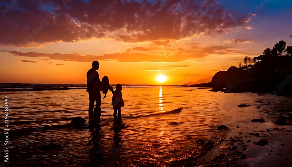 Fototapeta premium Silhouetted father and child walking on a tranquil beach at sunset.