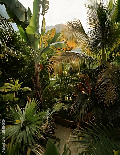 Lush Tropical Garden Scene with Vibrant Green Foliage and Exotic Palm Trees.