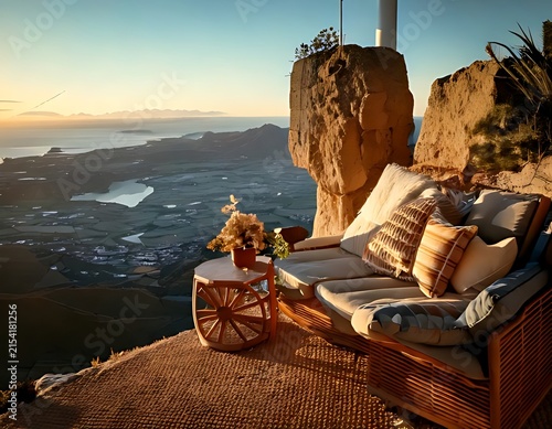 Luxurious Cliffside Terrace with Scenic Mountain Sunset View.