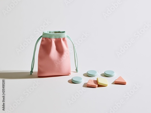 Soft Pink Drawstring Pouch with Pastel Geometric Shapes Scattered Nearby.