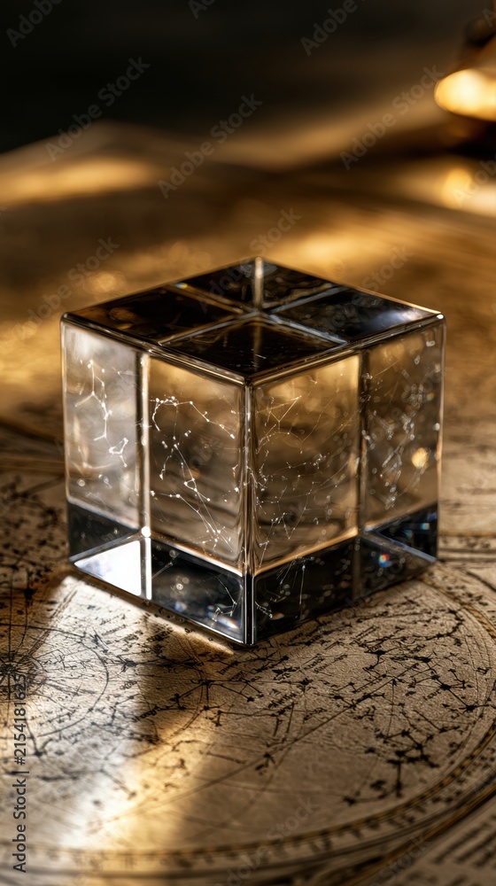 Fototapeta premium Transparent glass cube with intricate spiderweb patterns reflecting warm sunlight on a detailed vintage celestial map surface creating a mysterious ambiance