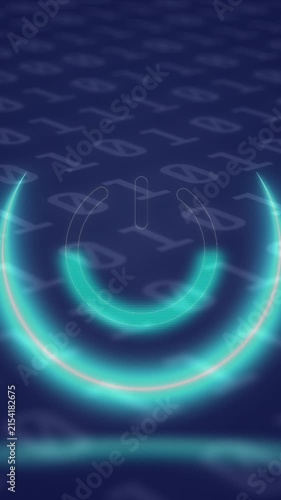 Animation of neon circle with power over binary code on digital screen