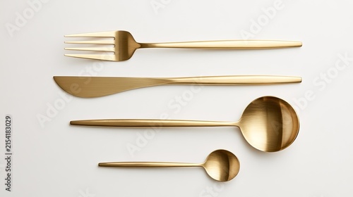 Elegant Golden Cutlery Set on a White Background.