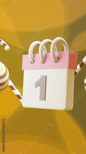 Animation of calendar with 1 number date and christmas decorations