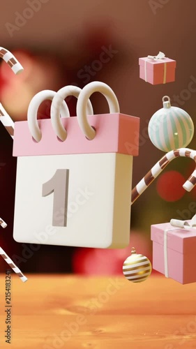Animation of calendar with 1 number date and christmas decorations