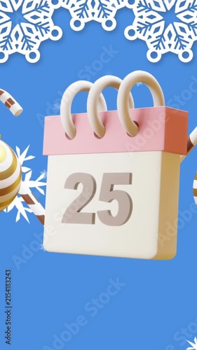 Animation of calendar with 25 number date and christmas decorations