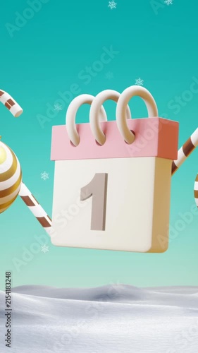 Animation of calendar with 1 number date and christmas decorations
