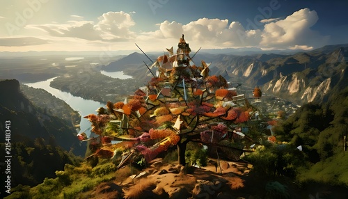 Magical Fantasy Treehouse Village Overlooking a Serene River Valley at Sunset.