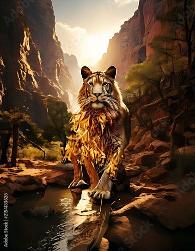 Majestic tiger walking through a sunlit desert canyon.
