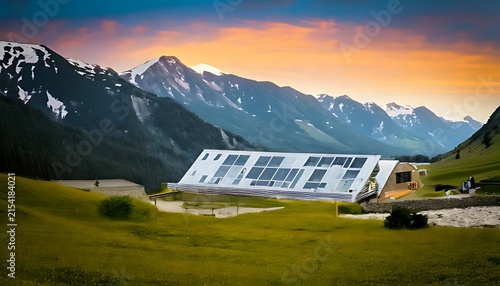 Modern eco friendly mountain cabin with solar panels at sunset.