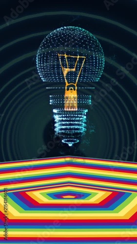 Animation of bulb over moving coloured hexagonal surface with dark background