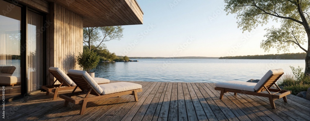 Fototapeta premium Modern wood house on lake with deck, lounge chairs, trees. Peaceful waterside property offers serene views ideal for relaxation and nature retreat.