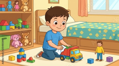 Little boy cleaning toy truck with cloth in bedroom vector illustration