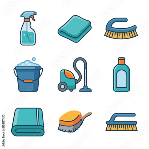 Housekeeping tools and cleaning supplies arranged in a neat grid pattern for domestic maintenance.