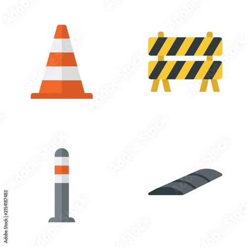 Traffic safety equipment including an orange cone, striped barricade, bollard, and speed bump.