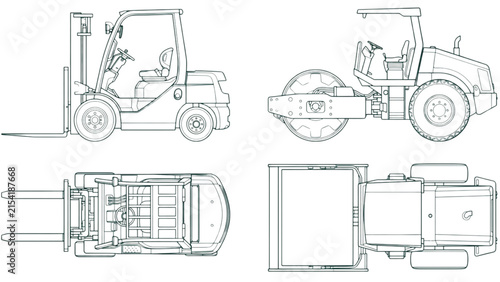 Forklift AutoCAD Block Multi View Set with Side Front Top and Rear Technical Vehicle Elevation Drawings