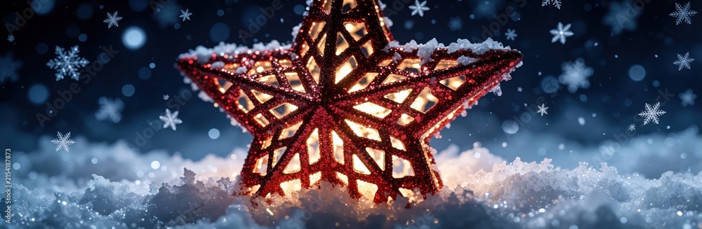 Obraz premium Red star decoration sits on snowy ground with falling snowflakes. Warm light shines through the ornament, creating a magical winter holiday atmosphere.
