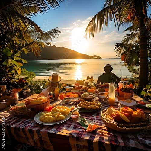 People enjoying a scenic sunset dinner on a tropical beach.