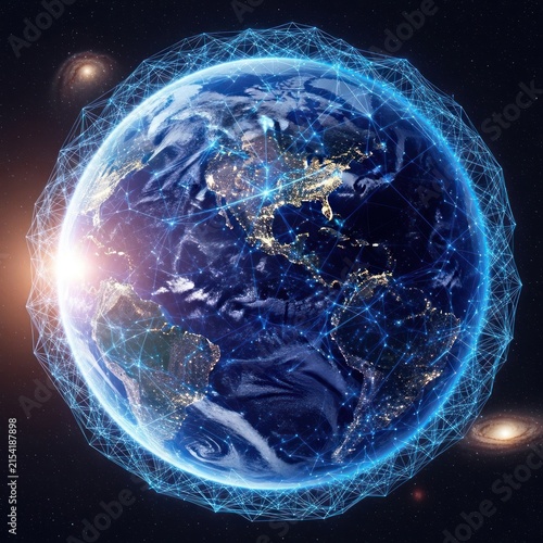 Digitally enhanced earth globe with data overlay and galaxy background