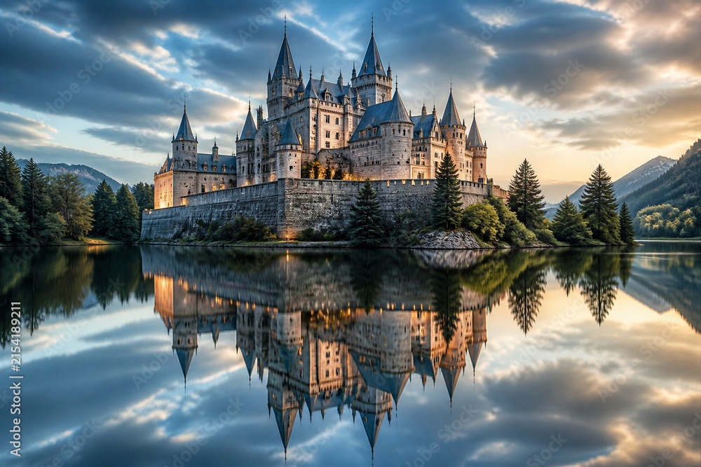 Fototapeta premium Medieval castle reflected in calm lake at sunrise