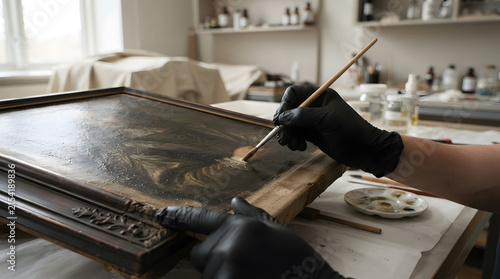 Hands wearing black gloves carefully cleaning an oil painting with a brush in a bright, well-equipped art restoration studio