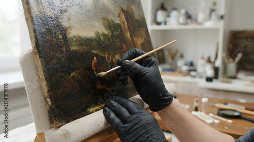 Art restoration in progress a close-up of skilled hands carefully cleaning an old oil painting with a brush