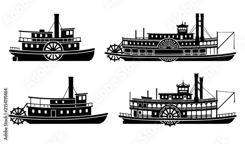 Obraz na płótnie Vintage paddle wheel steamboat silhouette collection classic riverboat nautical