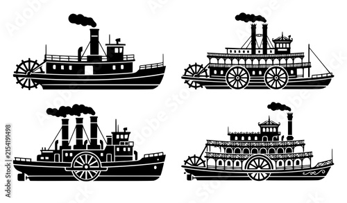 Bild auf Leinwand Classic steamboat and paddle wheel riverboat black silhouette icon vector set