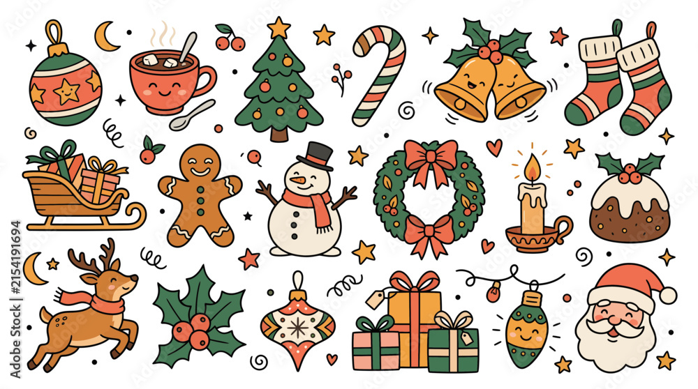 Fototapeta premium Hand Drawn Doodle Set of Christmas Holiday Festive Elements.