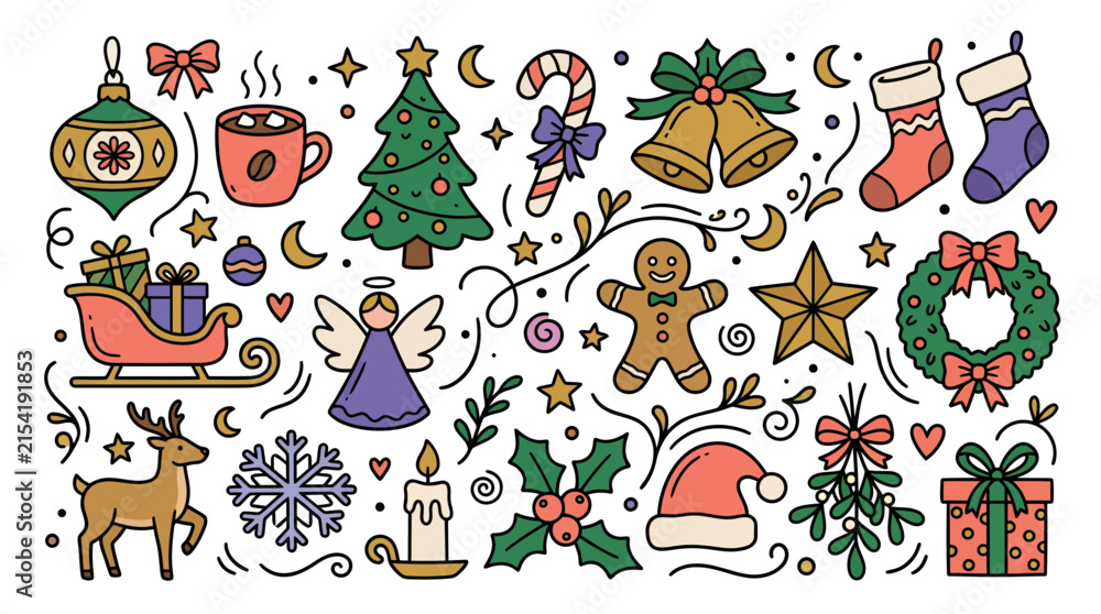 Fototapeta premium Set of cute hand drawn Christmas elements and festive holiday decorations.