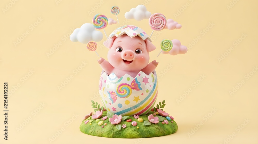 Fototapeta premium Cute piglet emerging from decorated egg with candy and clouds