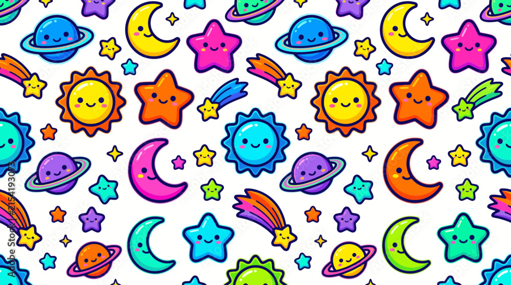 Obraz premium Vibrant Cute Kawaii Space Pattern with Smiling Stars