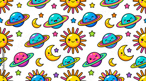 Seamless Kawaii Space Pattern with Cute Planets