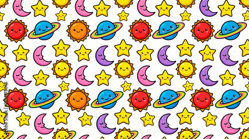 Cute Space Pattern with Smiling Stars Moons Suns