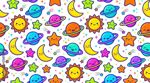 Cute Space Pattern Happy Planets Stars Moons