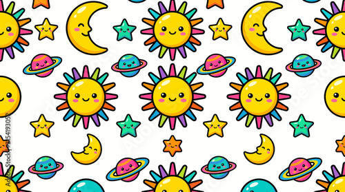 Cute Happy Space Seamless Pattern Sun Moon Stars Planets