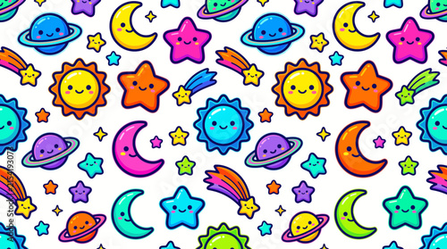 Vibrant Cute Kawaii Space Pattern with Smiling Stars