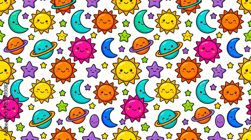 Seamless Pattern of Happy Colorful Space Cartoons