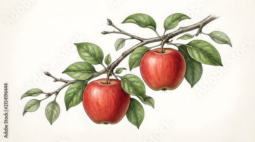 Ripe red apples hanging from a tree branch with green leaves, natural still life illustration