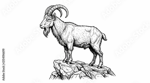 Ibex gazes across the rugged landscape from its elevated position on a stony outcrop, emphasizing the strength and agility of this mountain dweller through a refined and classic line art illustration.