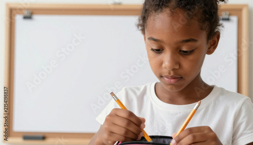 Focused african american child organizing pencils by a whiteboard