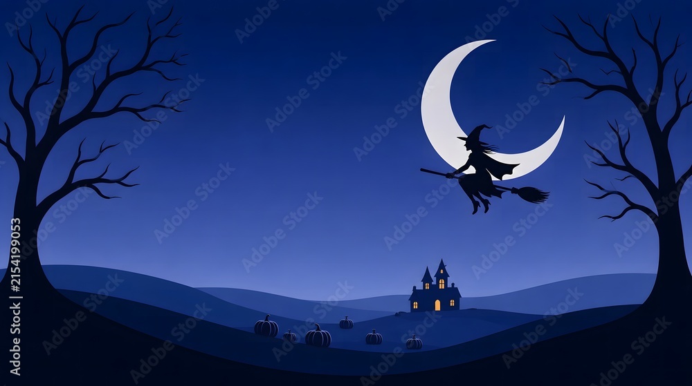 Fototapeta premium Spooky Halloween Night Scene With Witch Flying Over Haunted Landscape Under Crescent Moon