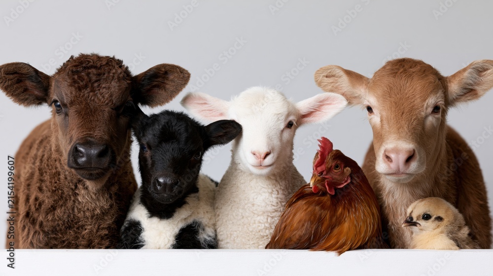 Fototapeta premium The Farmyard Friends: Brown Sheep, Black Lamb, White Lamb, Chicken and Chick