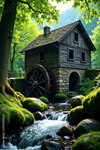 Serene Watermill nestled in a lush forest, surrounded by vibrant greenery and moss-covered rocks, with a cascading stream flowing gently nearby