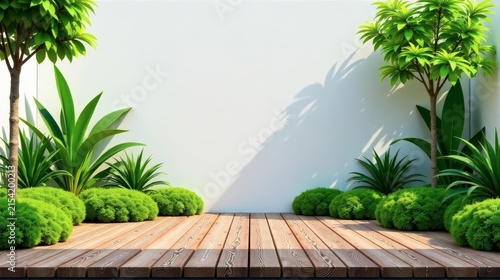 Serene Garden Patio with Lush Greenery and Wooden Deck Ideal for Relaxation